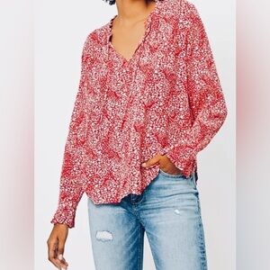 NWT Loft Red Ivory Patterned RayonTie Front Peasant Ruffle Cuff Blouse Top